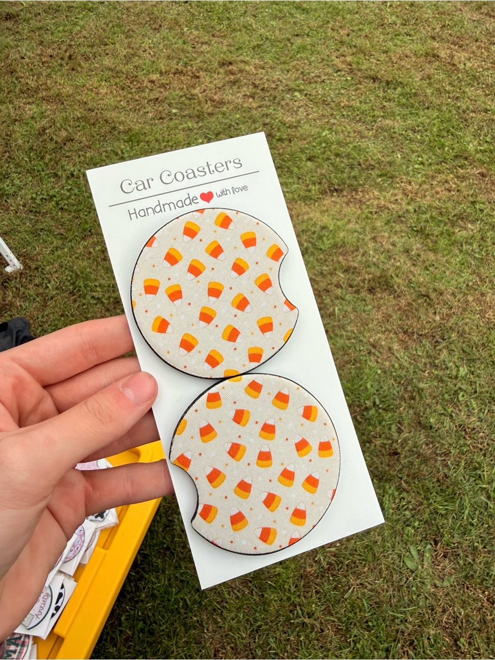 Handmade Candy Corn Car Coasters - White, Orange, Yellow